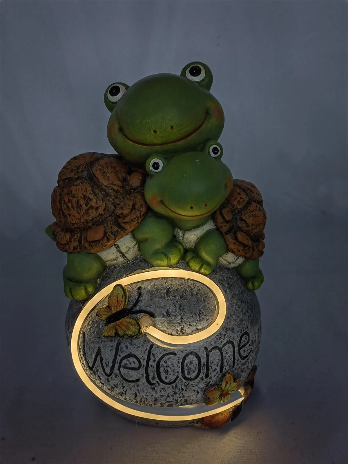 Turtles on Rock with Welcome Sign and Solar LED Light for Garden