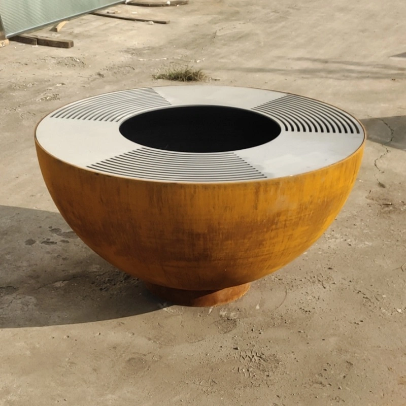 Corten Steel Fire Bowl Barbecue with Grill Ring/Cooking Ledge in Stainless Steel