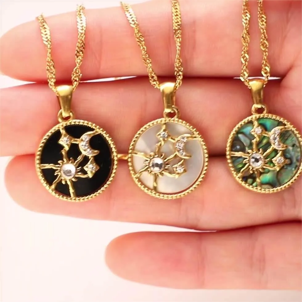 Shell Jewelry Stainless Steel 18K Gold Plated Diamond Moon Star Sun Necklace