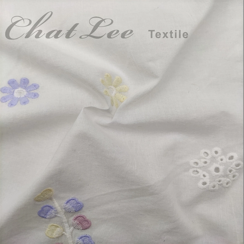 100%Cotton Eyelet with Colored Flower Embroidered Fabric for Children Women Girl Garment Fabric