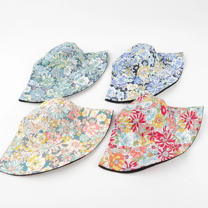 Chapeau seau tissé à imprimé floral en poly coton à double couche pour femme.