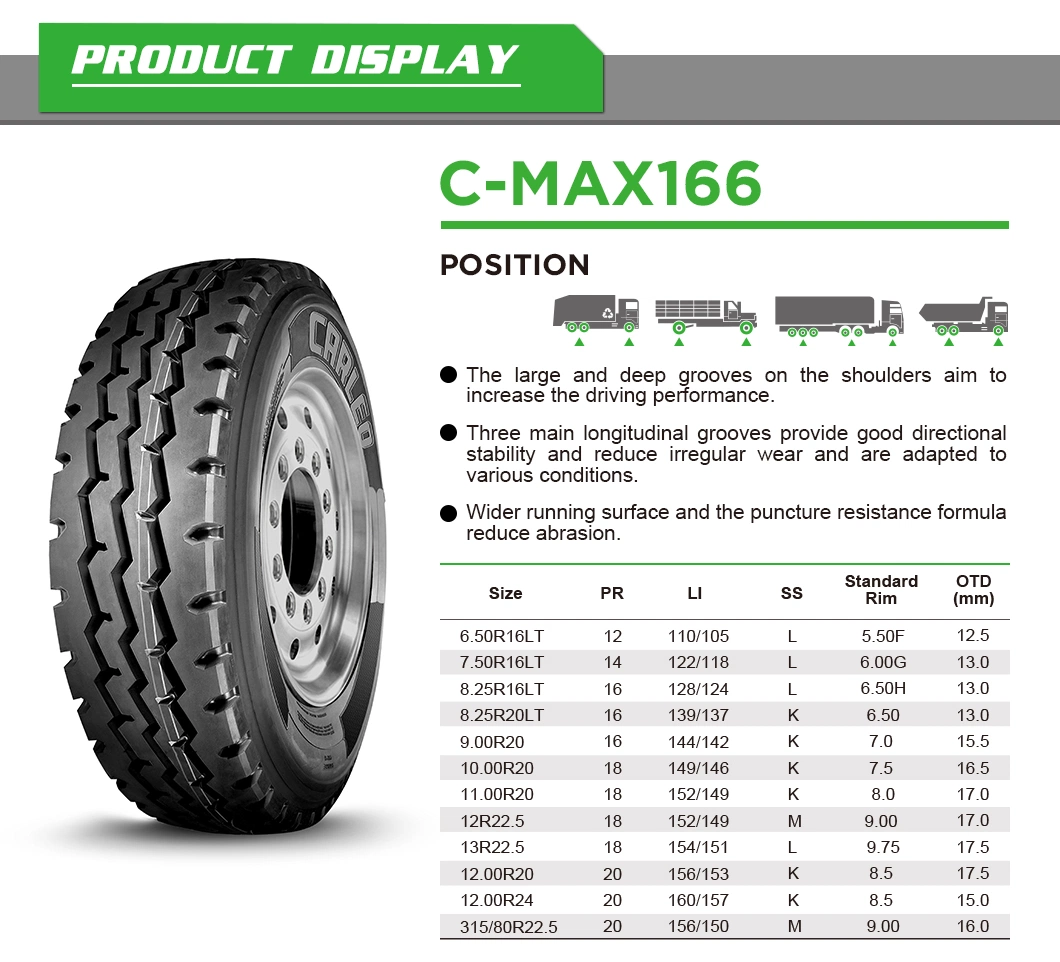 إطار ناقل حركة شاحنة كارلو، TBR، شاحنة خفيفة، إطار التوجيه والمقطورة C-Max166 (7.50R16LT 8.25R16LT...315/80R22.5)