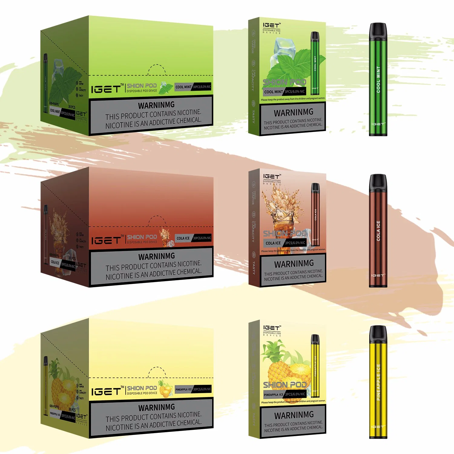 Iget Shion Vape stylo jetable 600 bouffées 2.4ml Prix de gros paquet cadeau saveur de fruits E CIGS Vape Pen