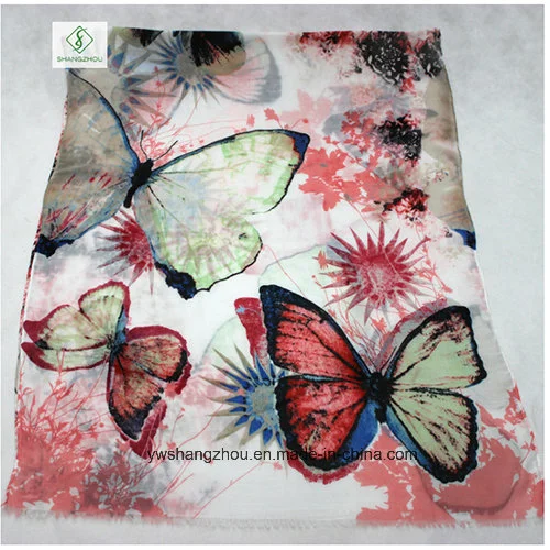 Fashion Lady Scarf with Butterfly Flower Printed Satin Shawl