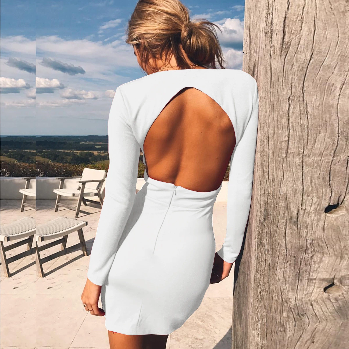 Deep V-Neck Long-Sleeve Backless Bodycon Mini Dress Party Club Wear Esg16277