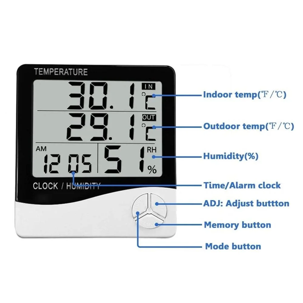 LCD Electronic Digital Temperatur Feuchtigkeitsmessgerät Innen-Außen-Thermometer Hygrometer Wetterstation Uhr HTC 2