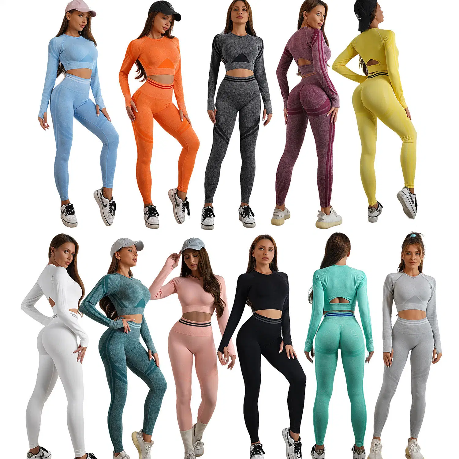 Hot Sale Women Workout 2 Pieces Long Sleeves Solid Stripe High Waist Peach Hip Pants Sports Fitness Skin Friendly Yoga Sets