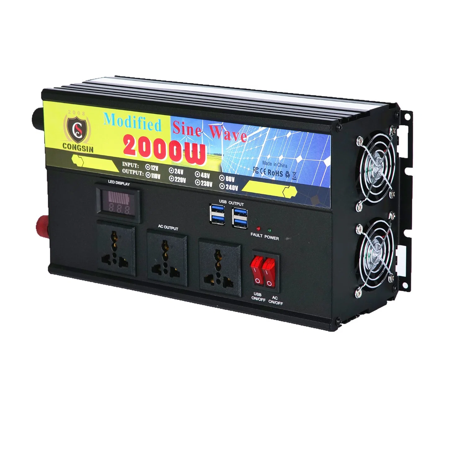 New Arrival 2000W power inverter dc 12v to ac 220v big capability modified sine wave inverter with three AC output sockets