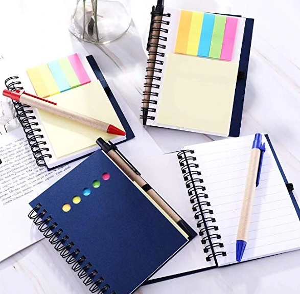 Kraft Paper Pocket Business Notebook Spiral Lined Notepad Set with Pen in Holder, Sticky Colored Notes Page Marker Tabs (Blue Cover)