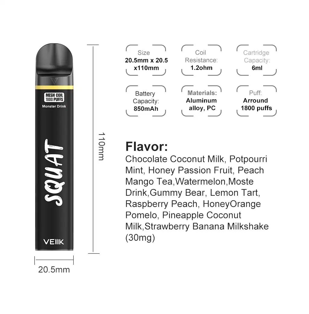 Veiik 6ml 1800Puffs descartáveis dispositivo de caneta de papas electrónicas Eacker