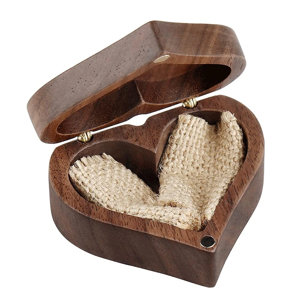 Heart Shaped Walnut Wood Velvet Soft Interior Jewelry Ring Box
