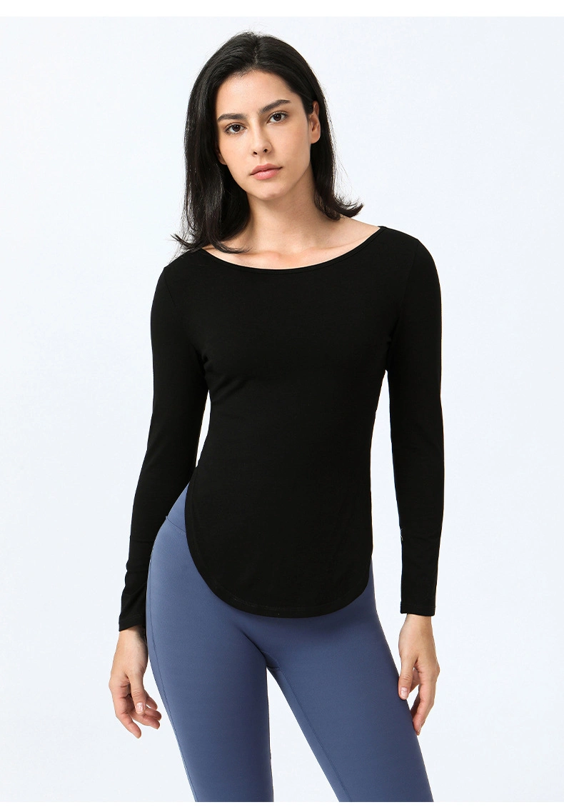 Damen Baumwoll Langarm Workout Shirts Open Back Yoga Tops Klassische Sportbekleidung Mit Passform