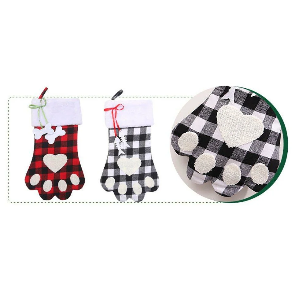 Plaid Dog Paw Sock Christmas Stocking Christmas Tree Pendentif Gift Bag