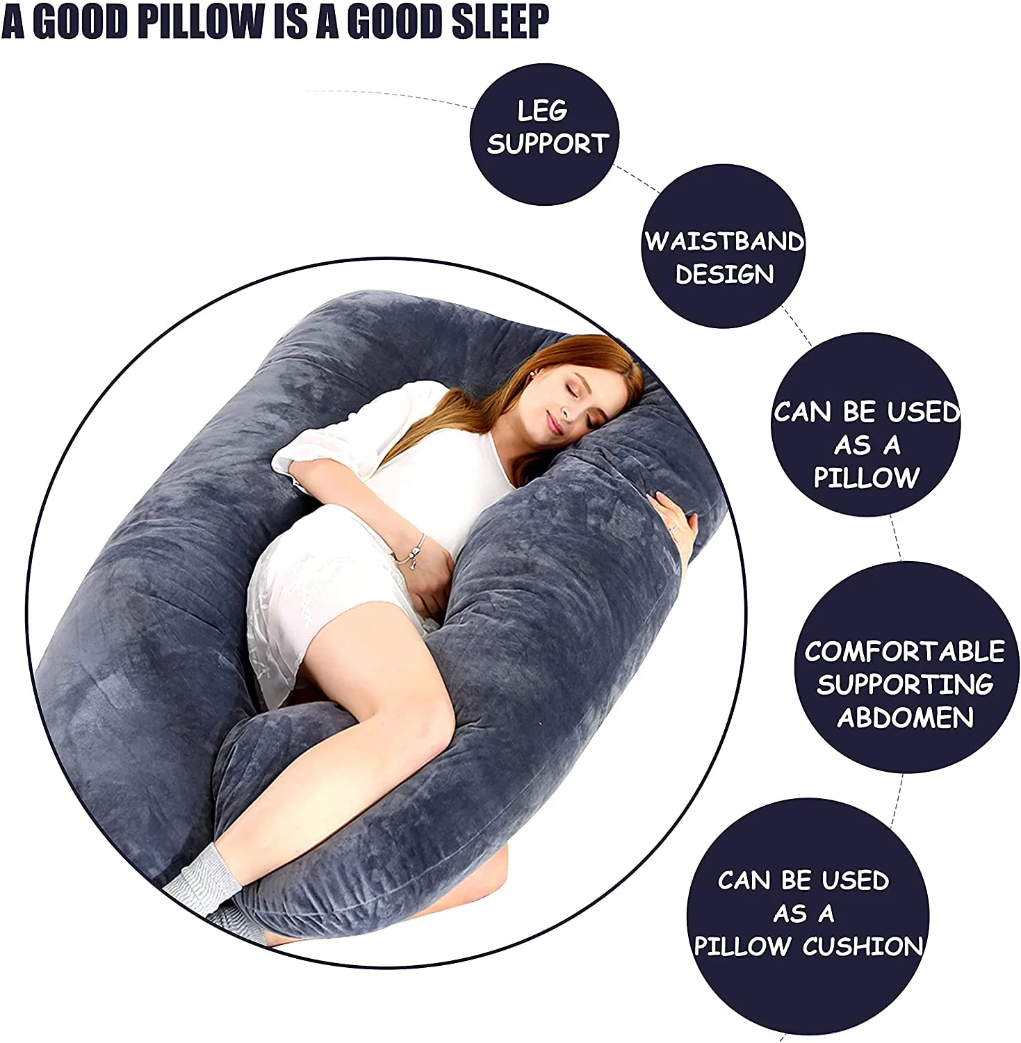 El embarazo la almohada con cubierta de algodón lavable en todo el cuerpo en forma de U almohada de maternidad