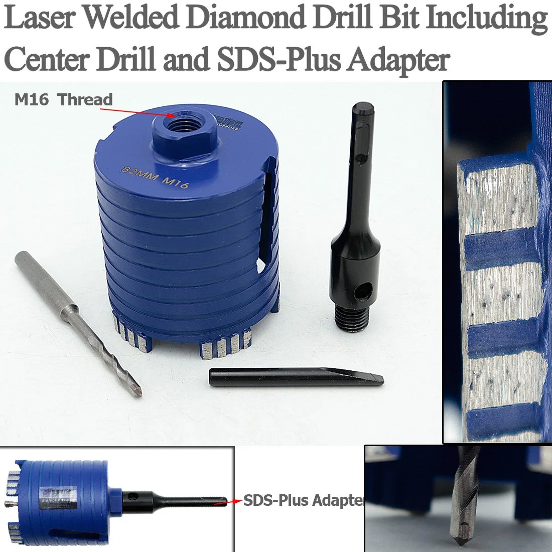 M16-68/82mm Laser Welded Diamond Core Drill Bit Including Center Drill and SDS-Plus or Hex Adapter