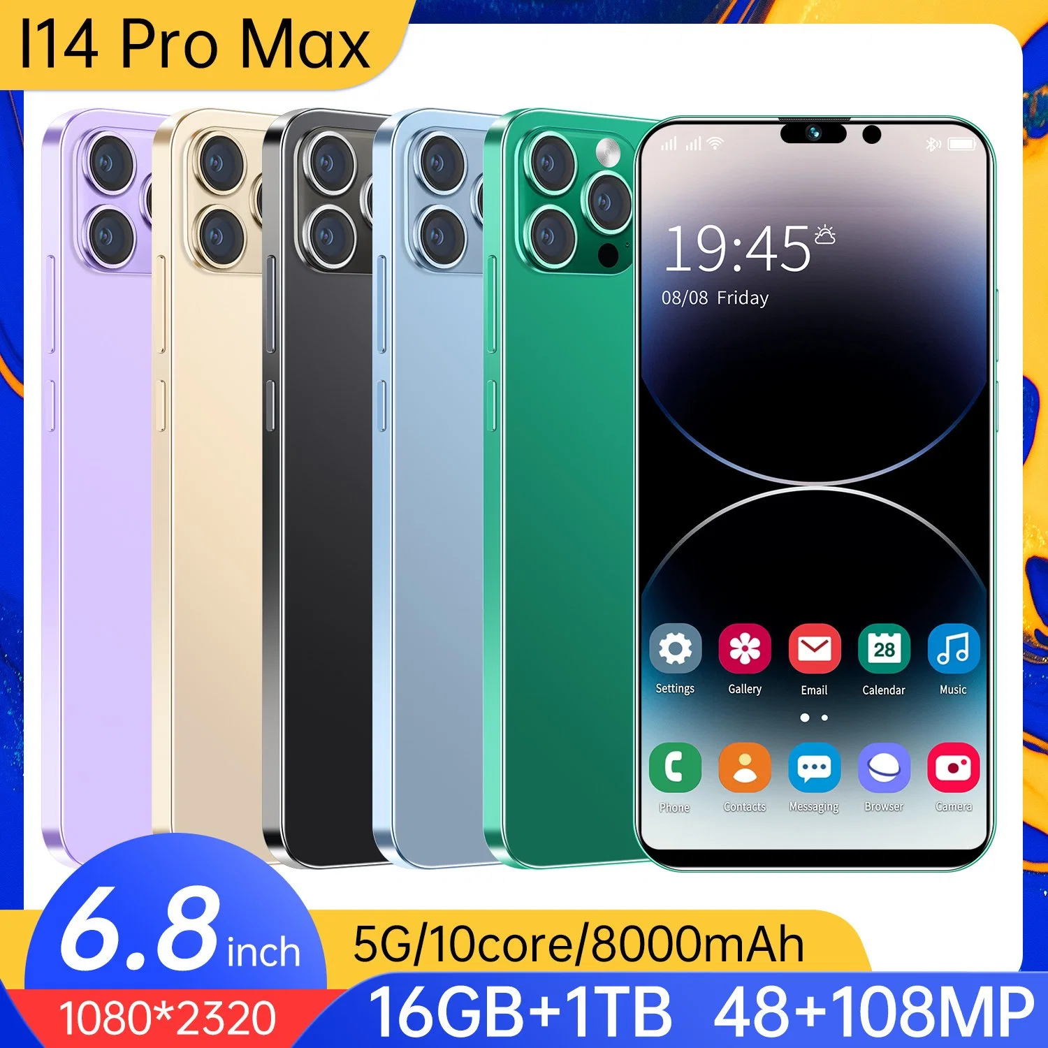 Dual SIM TF Card 16GB Android 12.0 System I14 PRO Max Cellphone Smartphone with 8000mAh