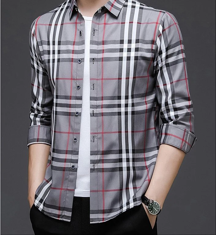 2023 New Long Sleeve Apparel Men's Youth Plaid Business Casual Loose Lapel Shirt Spot