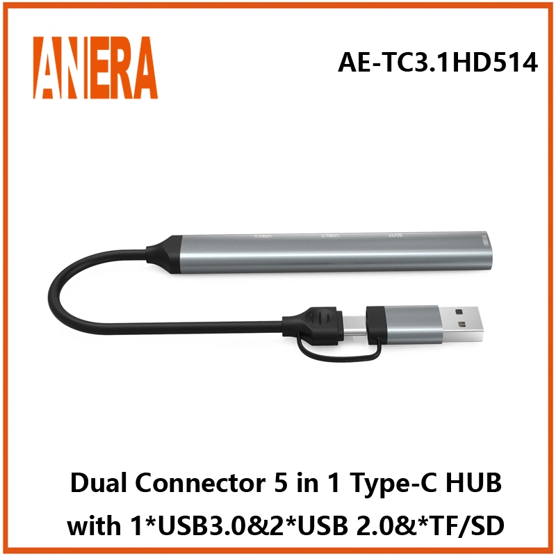 Dual Connector High Performance 5 in 1 Multifunction Portable Hub with USB3.0/2.0 Hub SD/TF 2.0 Card Reader