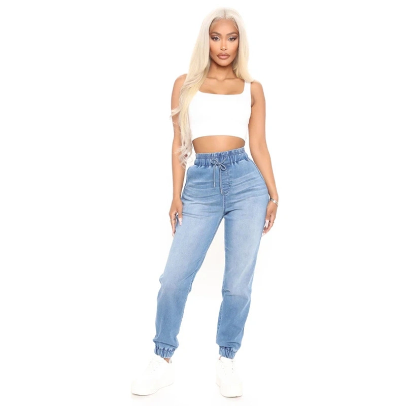 High Waisted Scratch Holes Non-Stretch Quality Elastane Bottom Hem New Fashion Lady Jeans Light-Blue Fit Jeans Haren Pants