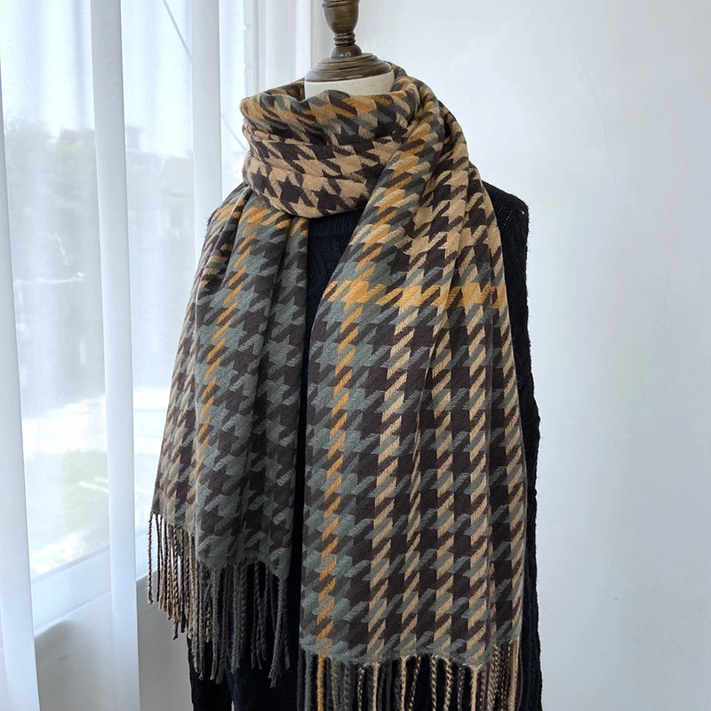 Autumn and Winter New Cashmere Tassel Shawl Warm and Thickened Houndstooth Color Matching Lady Scarf