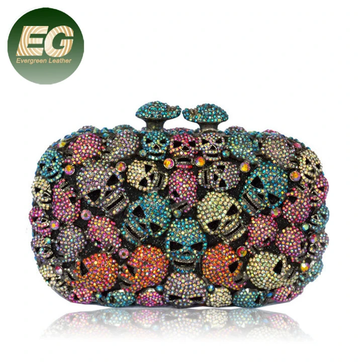 Leb1152 Colorful Evening Prom Party Rhinestone Clutch Purse Multi Color Crystal Party Bag in Skull Shape