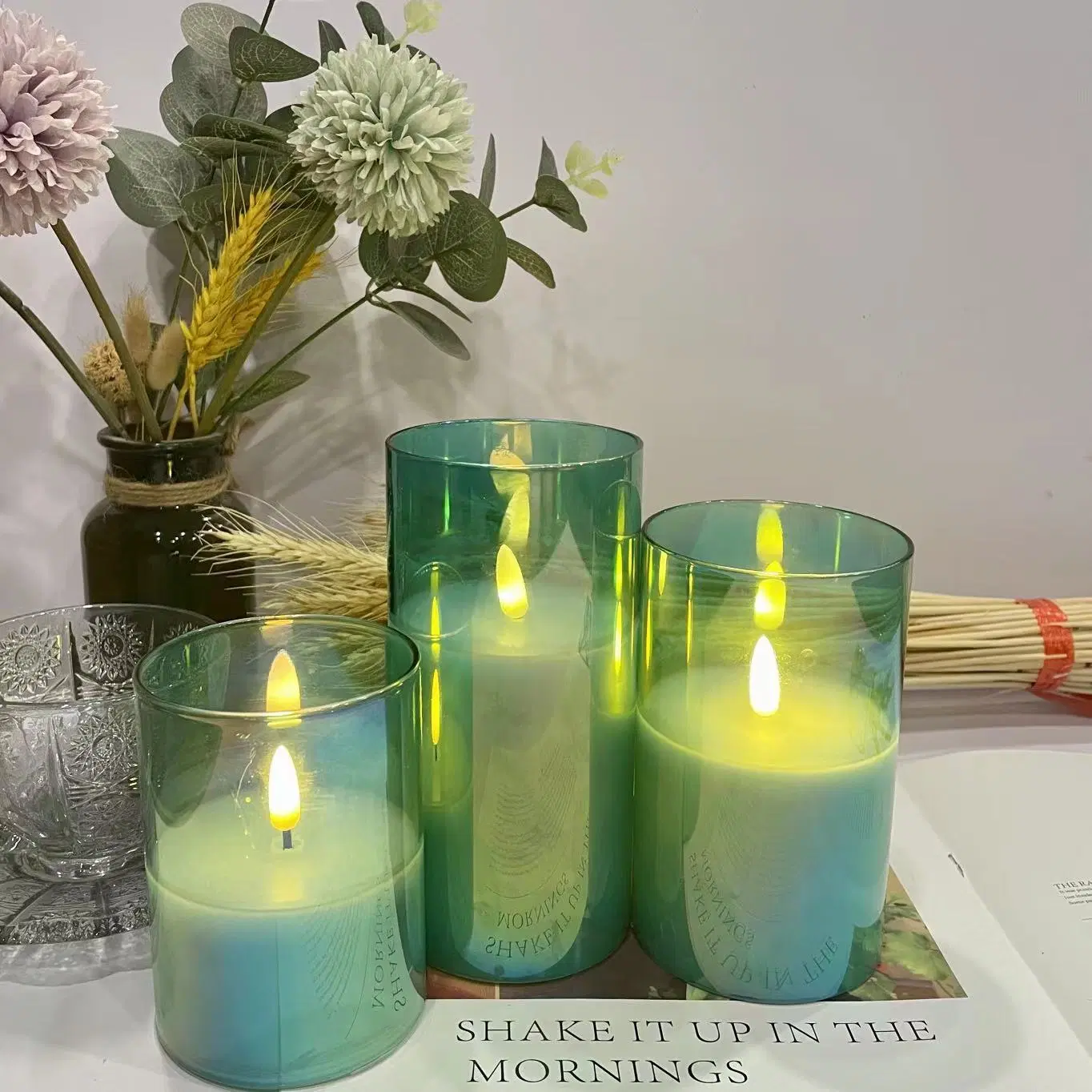 LED verde de Vidrio Velas sin Flama accionado por batería con control remoto y Temporizador, verdadero pilar parpadeo LED de cera de velas con el desplazamiento de las mechas