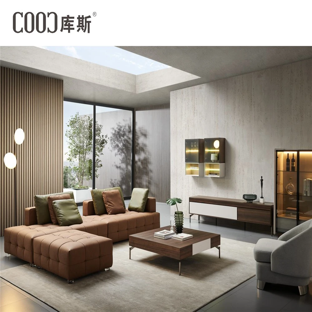 Sofá seccional en forma de L de lujo para sala de estar de casa de campo italiana moderna al por mayor de China, tapizado en cuero genuino con mesa de café.