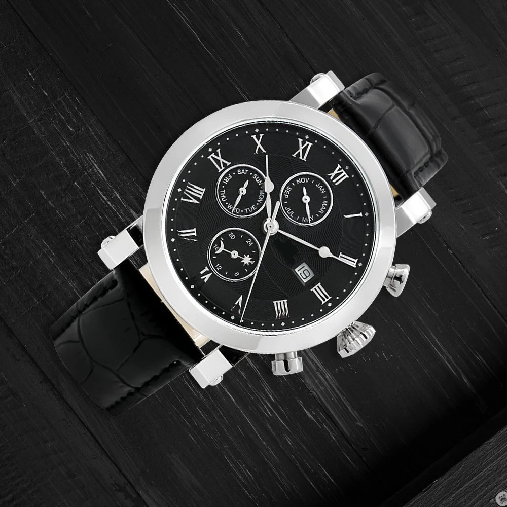 Stainless Steel Case Multi Functional Quartz Watches with Genuine Leather Strap Men Watches