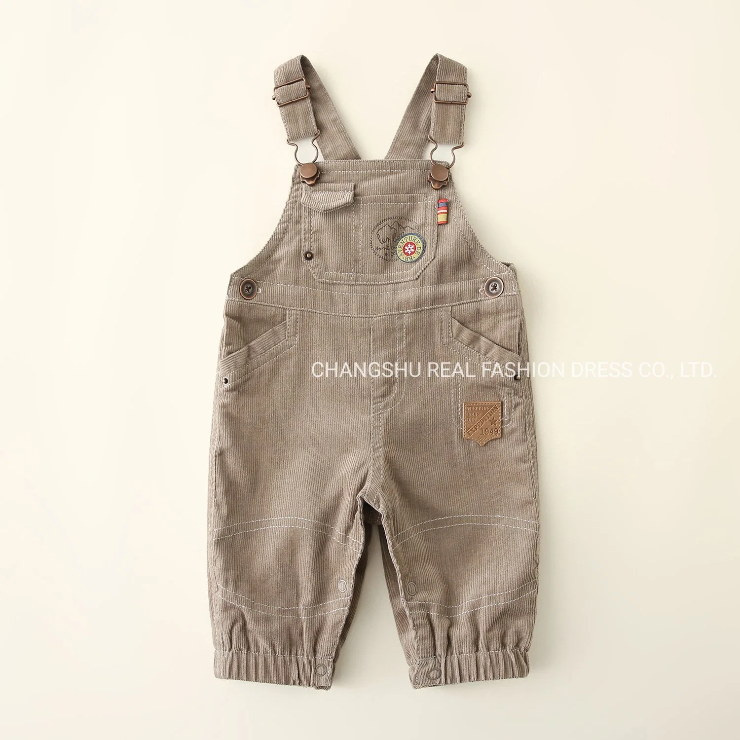 Boy Baby Coffee Woven Corduroy Suspender Pant Clothes with Embroidery and Metal Ring