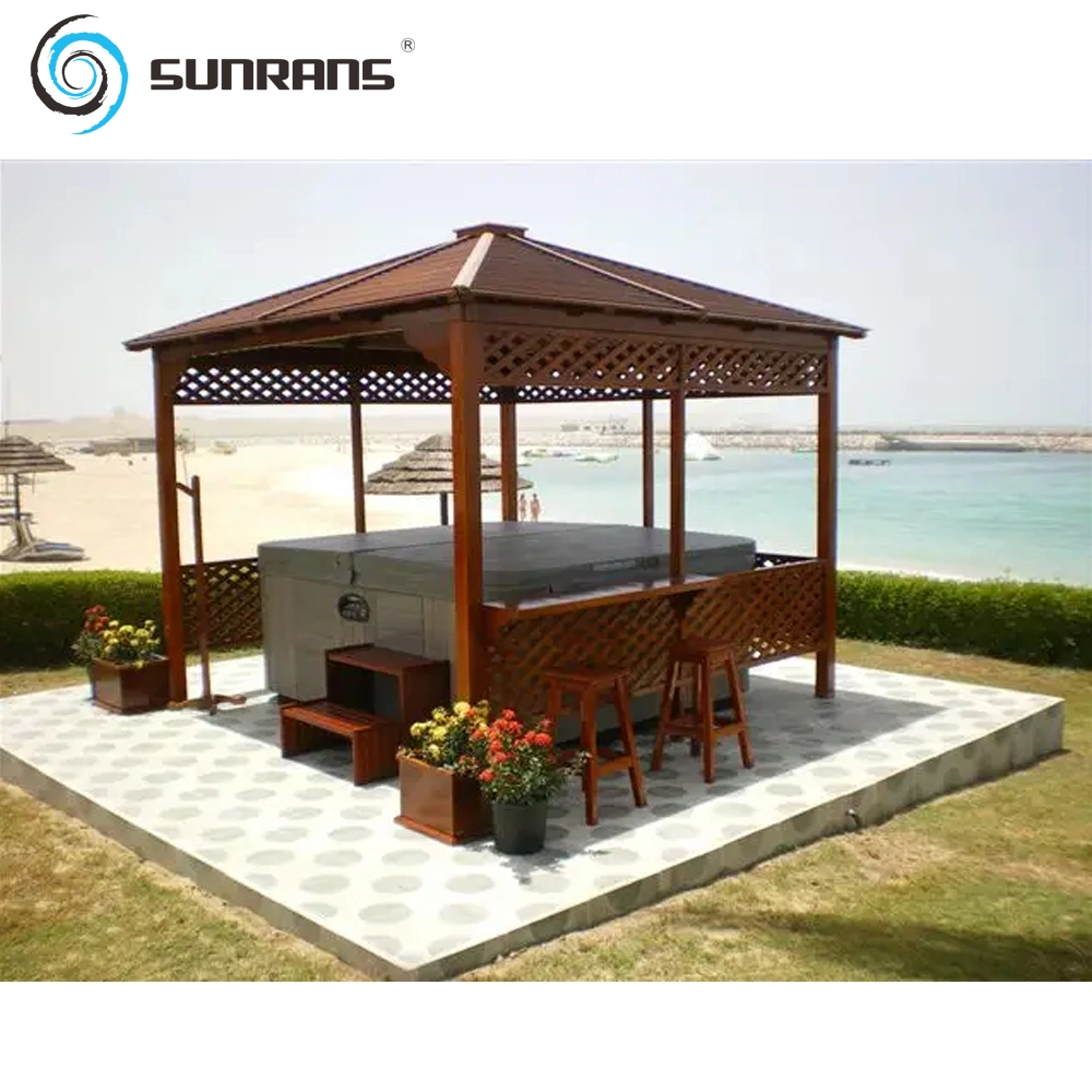 حوض استحمام ساخن خشبي خارجي من Sunrans Gazebo مع منضدة البار و البراز