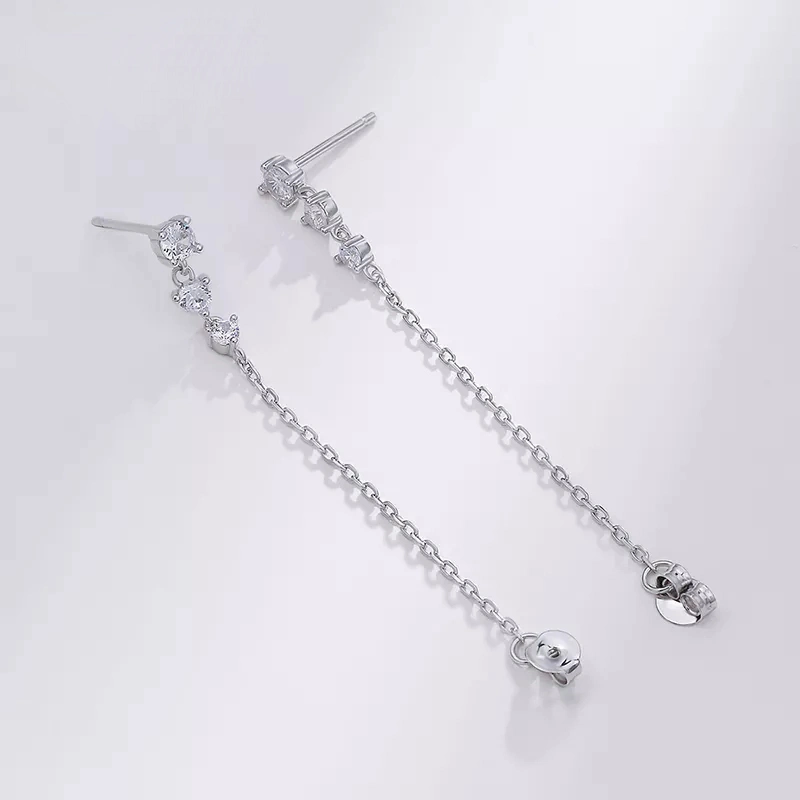 Trendy 925 Sterling Silver CZ Jewelry Drop Earrings with Tassel Chain for Women