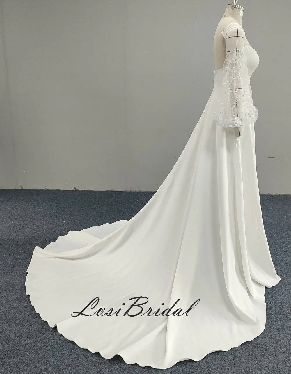 23011 Boat Neckline and Detachable Sleeve Wedding Dress Stretch Fabric Bridal Gown Dress with A-Line Front Split Skirt Dress Directly Bridal Factory Made