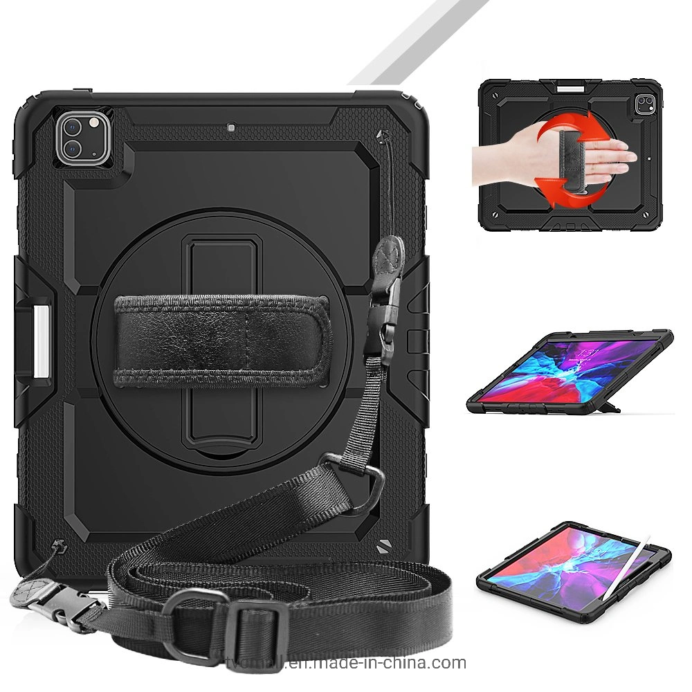 Para el iPad PRO 12.9 pulgadas (2021) / (2020) / (2018) Giro de 360° Kickstand + PC Tablet de silicona caso Correa de mano cubierta protectora con bandolera - Negro