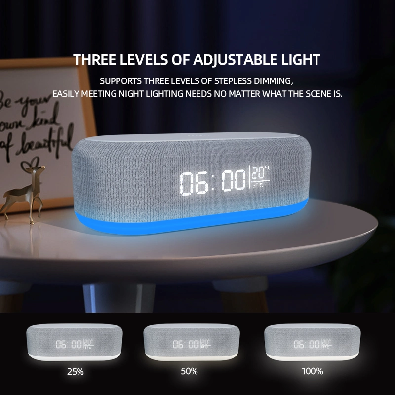 Portable Temperature Display Bt Speakers 18650 Battery Inside Charging Station Alarm Clock Wireless Charger with Night Light