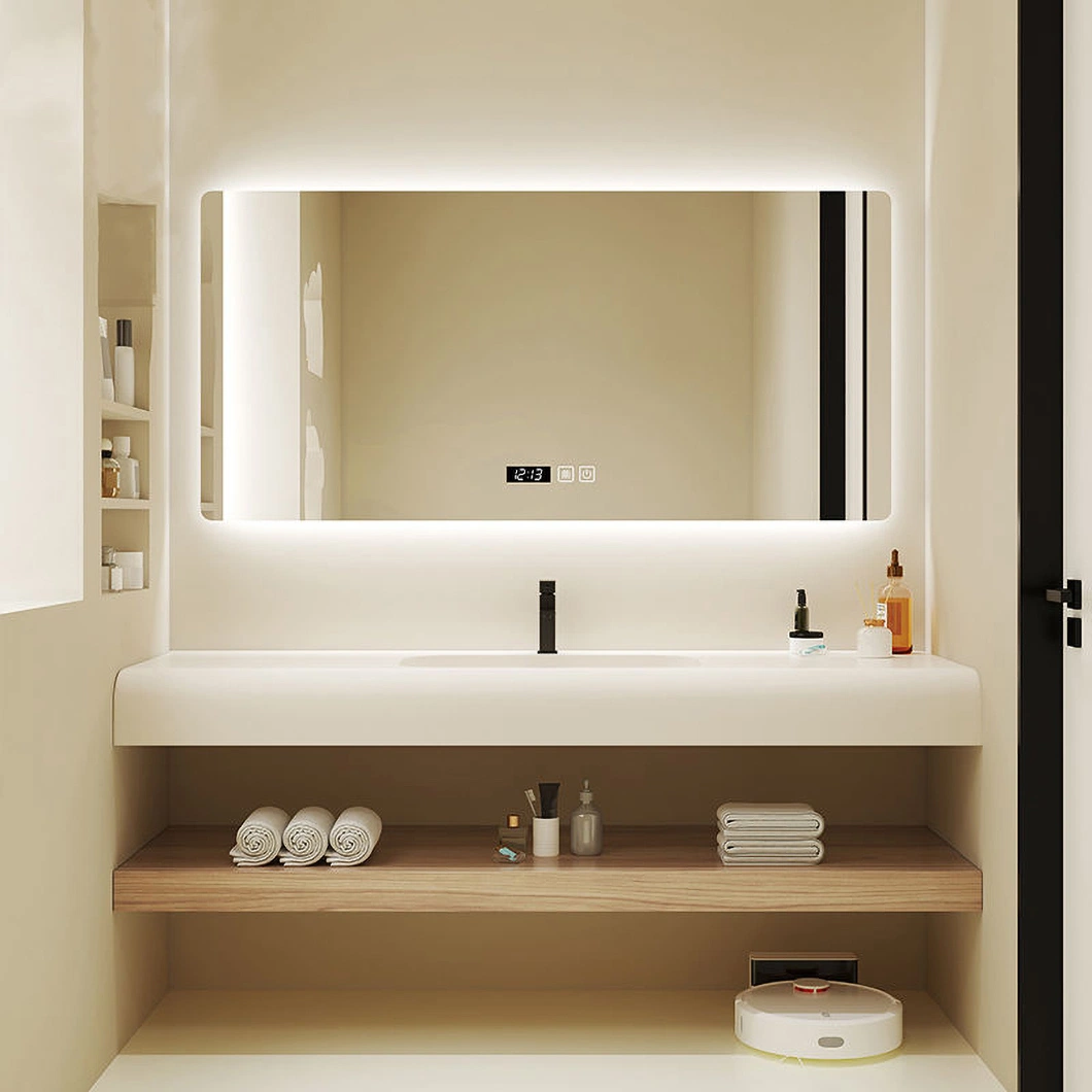 Pia de mármore de banheiro de madeira moderna, móveis de banheiro, conjunto de gabinete de banheiro de luxo com gabinete de espelho.