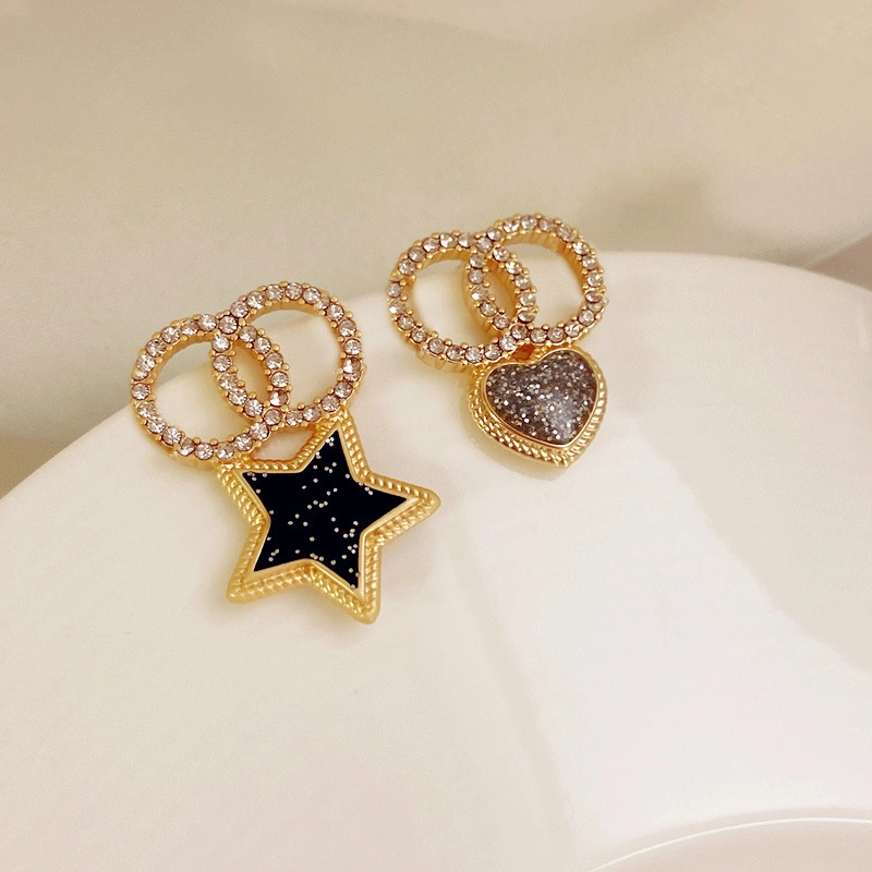 Fashion Small Fragrant Style Classic Rhinestone Black Star Love Earrings Jewelry