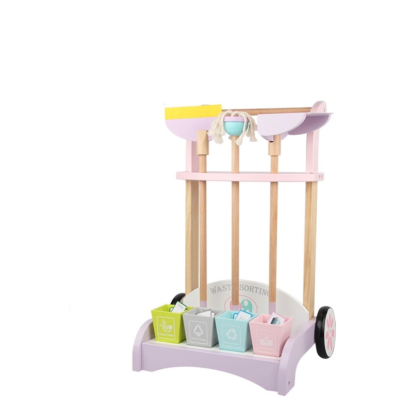 Pretend Wooden House Cleaning Tools Trolley for Kids