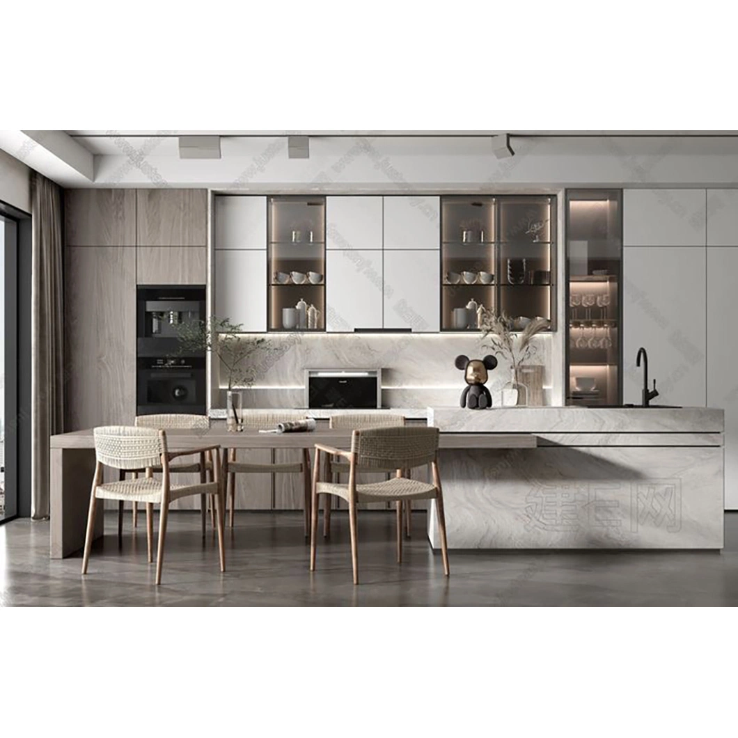 Échantillon de design professionnel de meubles de cuisine personnalisés modernes modulaires avec finition mate laquée sans poignée et livraison rapide.