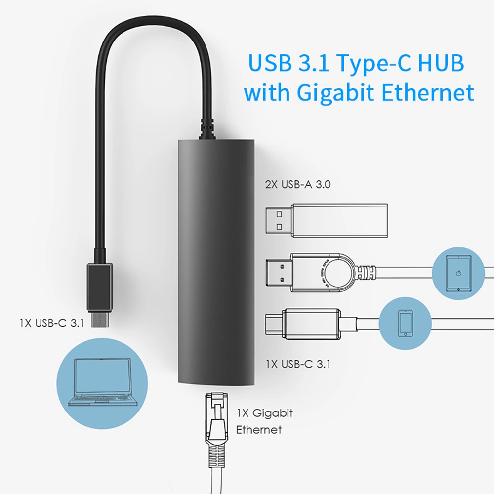 USB3.0 de alumínio 3 portas com porta Gigabit