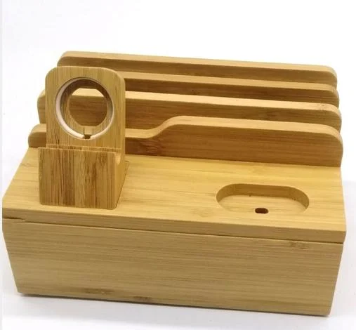 Bamboo Charging Station Dock Charger Desktop Docking Station Organizer for Cellphone Smart Watch Tablet