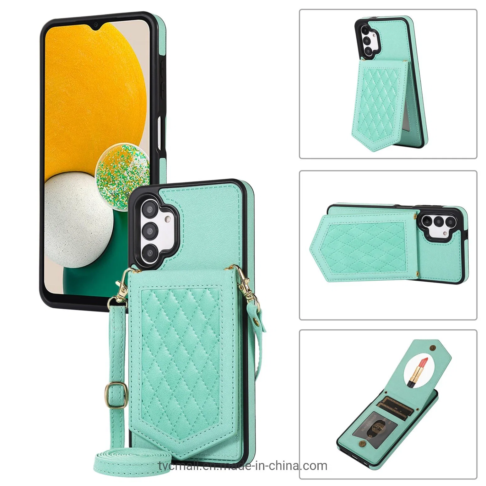 for Samsung Galaxy A13 4G / 5g, Makeup Mirror RFID Blocking PU Leather + TPU Kickstand Card Holder Phone Case with Shoulder Strap - Mint Green