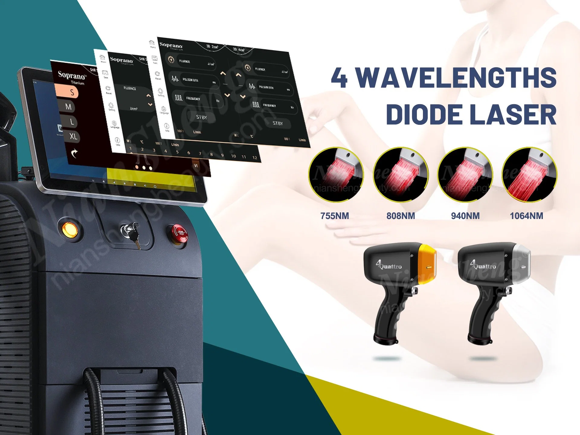 1600-2000W Sopran Ice Titanium 4 Wellen CE TUV ISO Haar Entfernung Diode Laser 755nm 808nm 1064nm drei-Wellen-Maschine