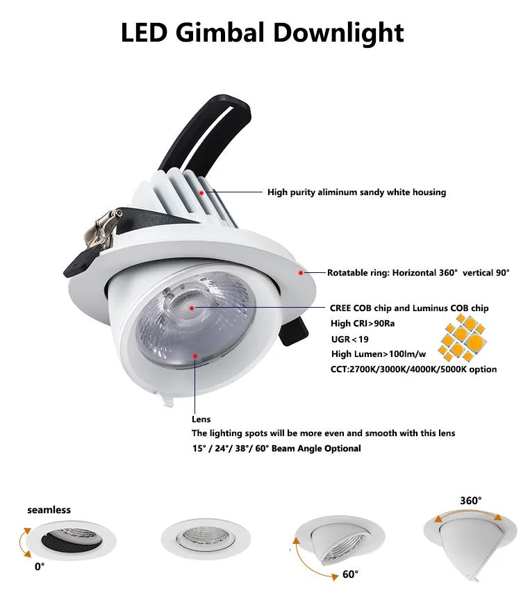 Techo ajustable empotrados focos Smart Gimbal LED Downlights para compras Centro comercial