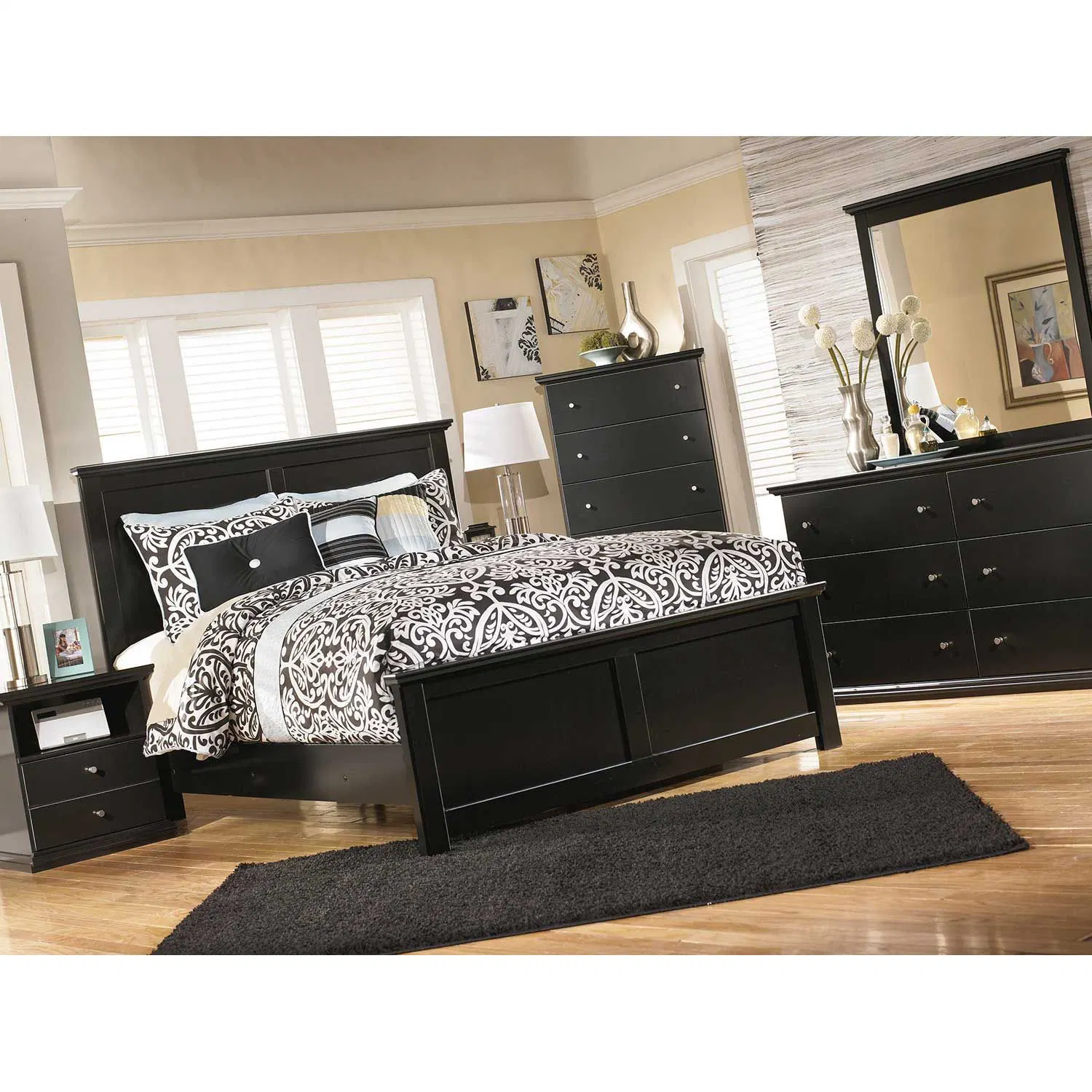China pintado de negro al por mayor de 5 piezas de madera juego de dormitorio muebles incluyen Single Doble cama King Size que componen Vantity armario vestidor
