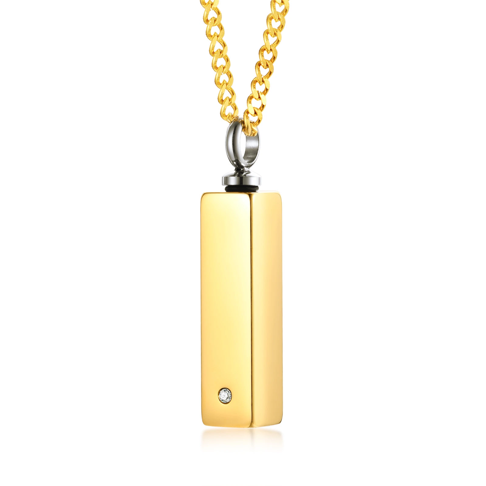 Stainless Steel Diamond Encrusted Rectangular Urn Can Be Opened Pendant Gold Men's Necklace Accessories