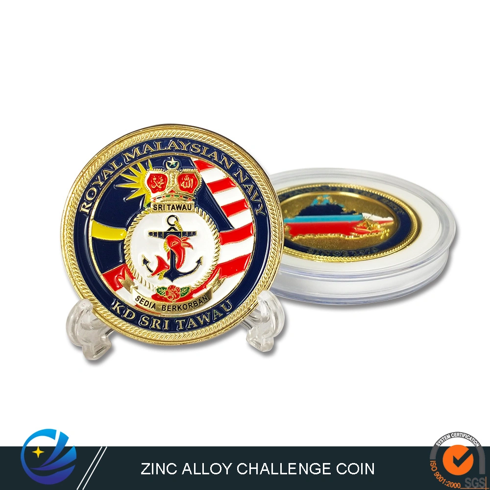 Fábrica personalizada de monedas de desafío militar de la Marina de Malasia con el logotipo de la policía y la insignia de honor para caja acrílica.