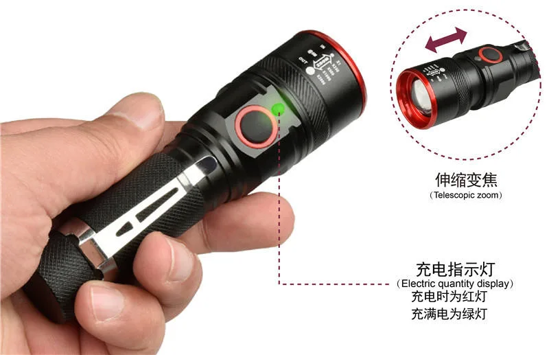 Small Zoomable LED Flashlight Rechargeable Portable Outdoor Torch with Clip