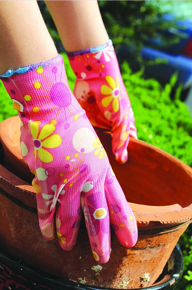 Customized Flower Print 13gauge Knitted PU Coated Gardening Work Gloves