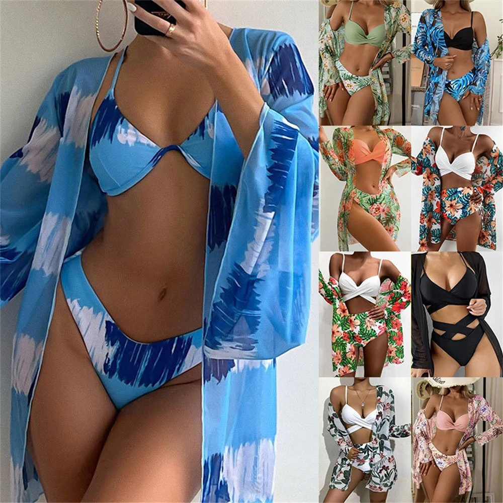 Impreso de la moda playa cubierta de tres piezas en traje de baño Bikini Novedades Underwire Mayorista/Proveedor en traje de baño