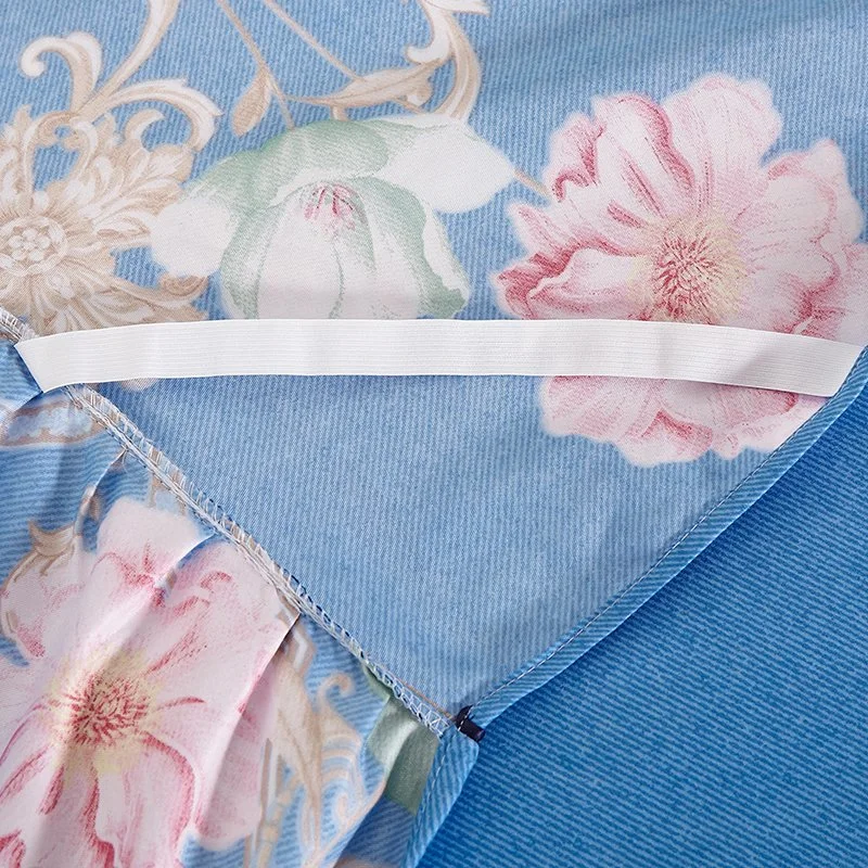 Falda de la cama azul floral 4 piezas Conjunto de ropa de cama de poliéster